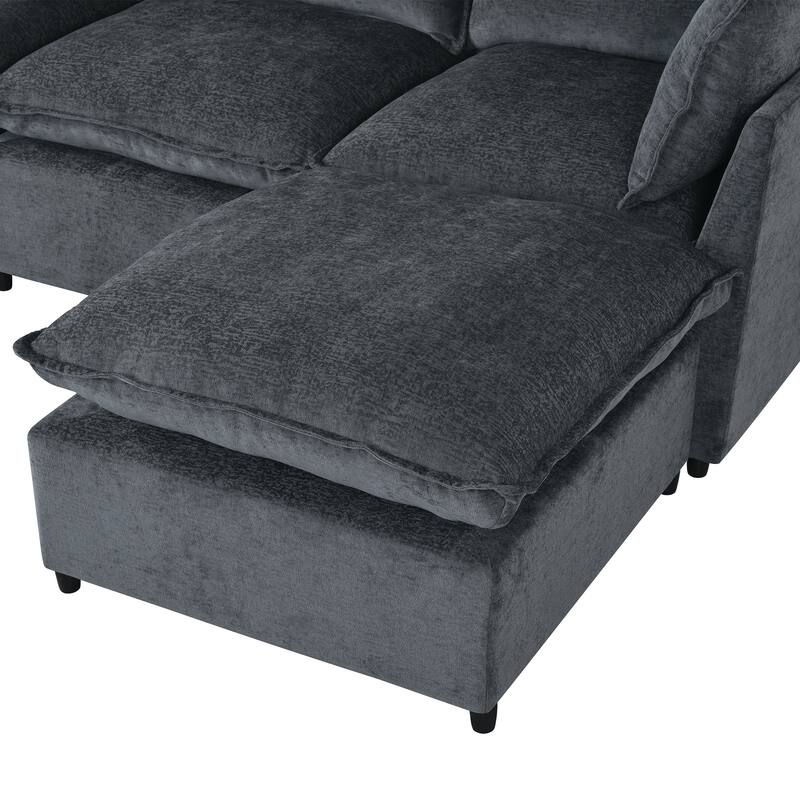 U-Shape Sectional Sofa Upholstered Couch with Removable Cushions and Solid Wood Frame, Modular Sofa 2 with Movable Ottoman
