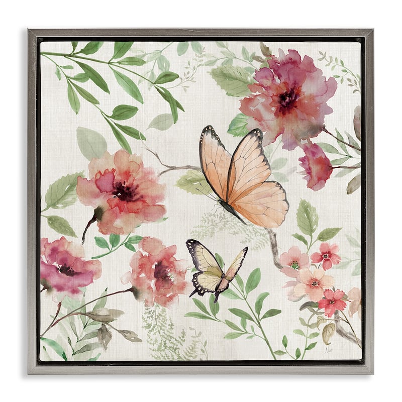 Stupell Butterflies over Wild Cottage Flowers Framed Floater Canvas Wall Art Design By Nan - 25 x 25 - Grey