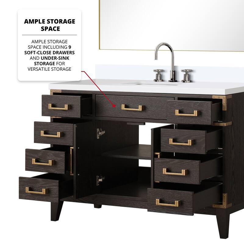 Laurel 48 in W x 22 in D Black Oak Single Bath Vanity, White Quartz Top, Faucet Set, and 46 in Mirror