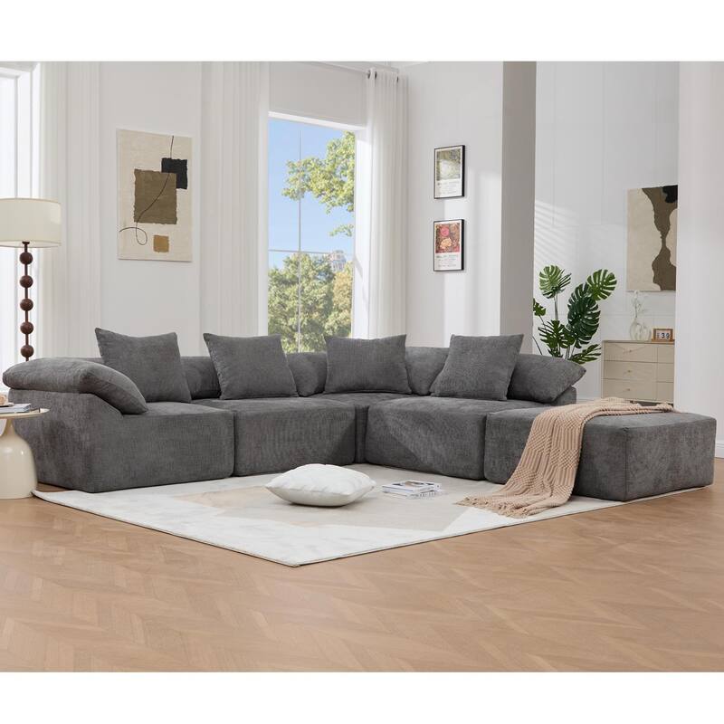 L Shaped Modular Sectional Sofa, Oversized Chenille Convertible Sleeper Couch, Comfy Deep Seat Cloud Sofa with Ottoman