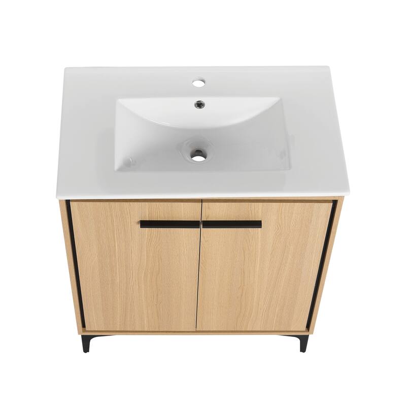 GDFStudio - Denton Modern Freestanding Bathroom Vanity Cabinet with Ceramic Sink, Soft Close Doors & Metal Tripod - 30"