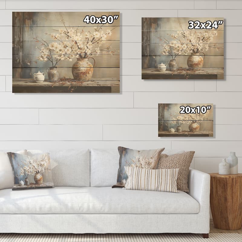 Designart "Pottery And Flowers Still Life" Trees Wood Wall Decor - Traditional Brown Wood Panel On Natural Pine Wood
