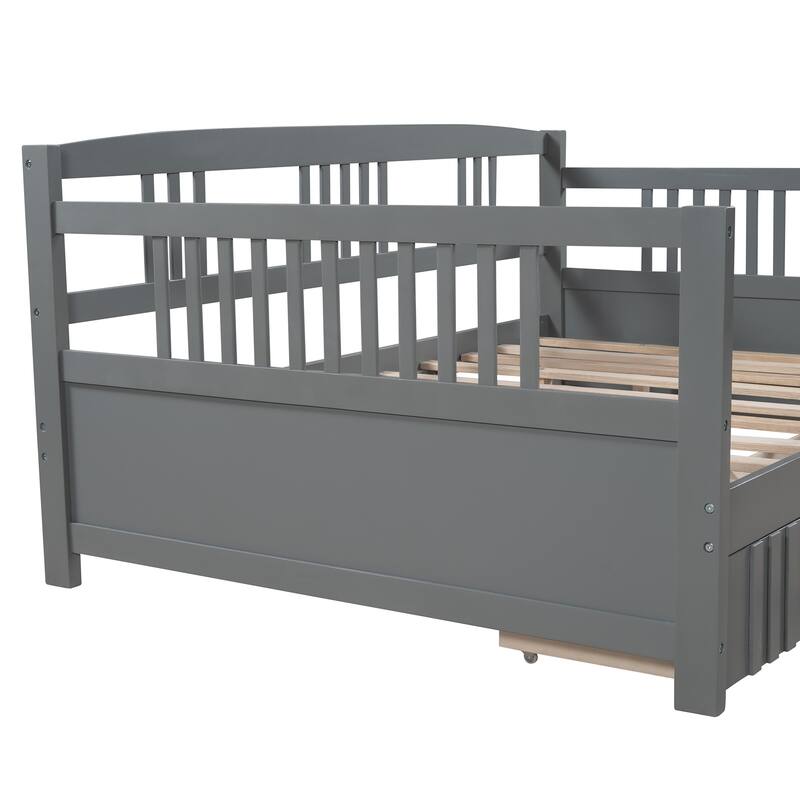 Full Daybed with Two Drawers, Solid Wood Frame, Guardrails, No Box Spring Needed