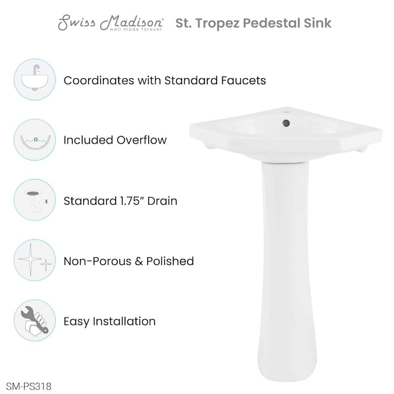 St.Tropez Corner Two-Piece Pedestal Sink - 22.25" x 15.75" 33.65"