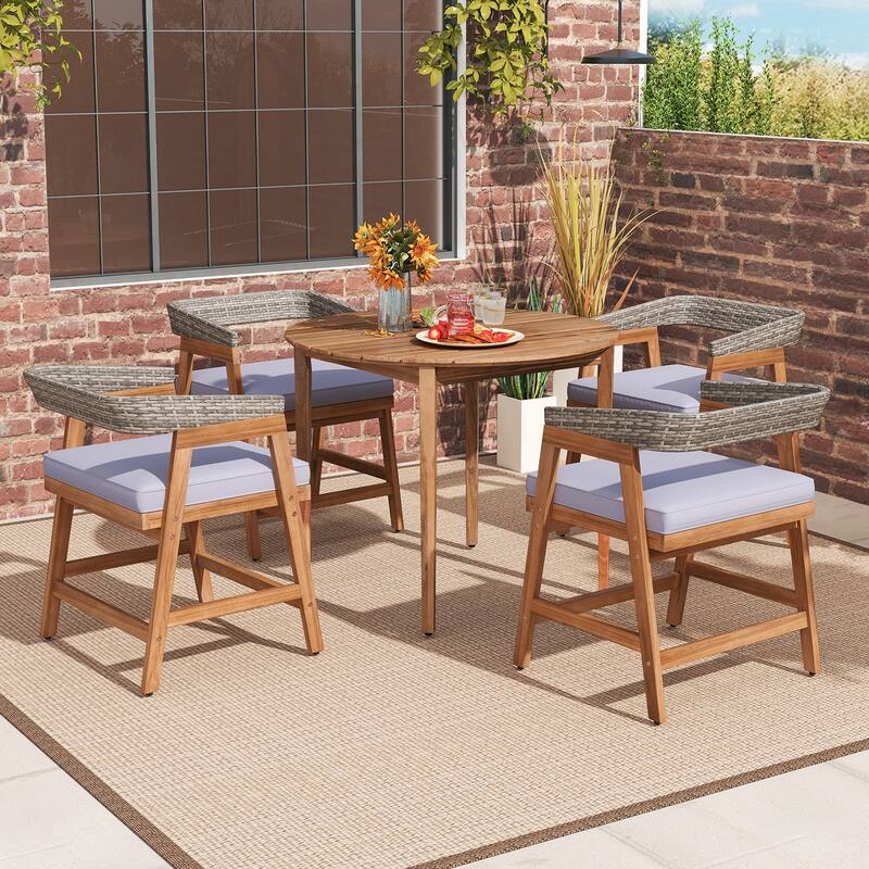 Outdoor Acacia Wood Patio Wicker Dining Chairs Set of 4 with Seat Cushion-Gray - Multi