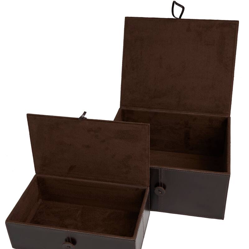 Dark Brown Leather Storage Box with Snap Front Closure and Detailed Stitching (Set of 2)