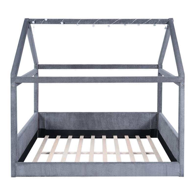 Full Size Upholstered House Daybed with LED Light Strips, Grey