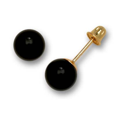 Solid 14K Yellow Gold Genuine Onyx Ball Stud Screw-back Earrings (5 sizes) - Black