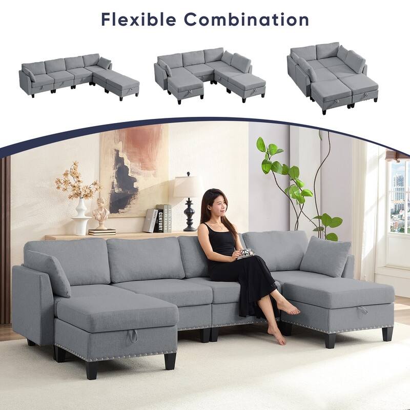 Mixoy Rivet Design Flexible Combination Reversible 4-Seater Modular Sofa with Storage Ottomans,Linen Convertible Sleeper Sofa