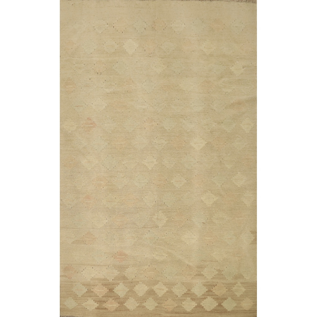 Hand Woven Oriental 100% Wool Carpet Southwestern Tribal Beige & Ivories Kilim Area Rug - 5' 8'' X 4' 0''