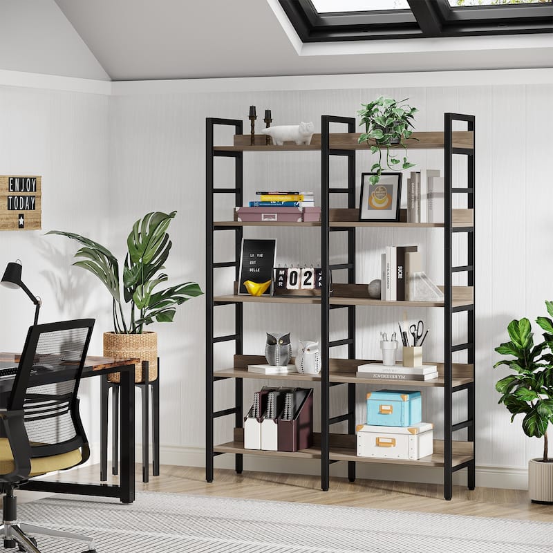 5-Tier Industrial Bookshelf, 71"H x 47"W Etagere Bookcase Free Standing Wide Book Shelf, Rustic Brown