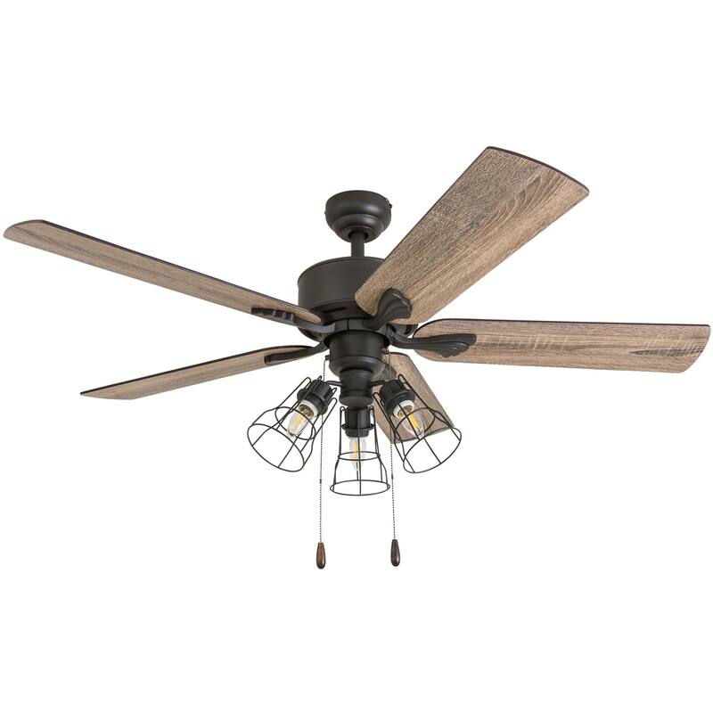 The Gray Barn Hodeken Farmhouse 52-inch Aged Bronze LED Ceiling Fan in Cage Industrial 3-light in 3 Speed Remote
