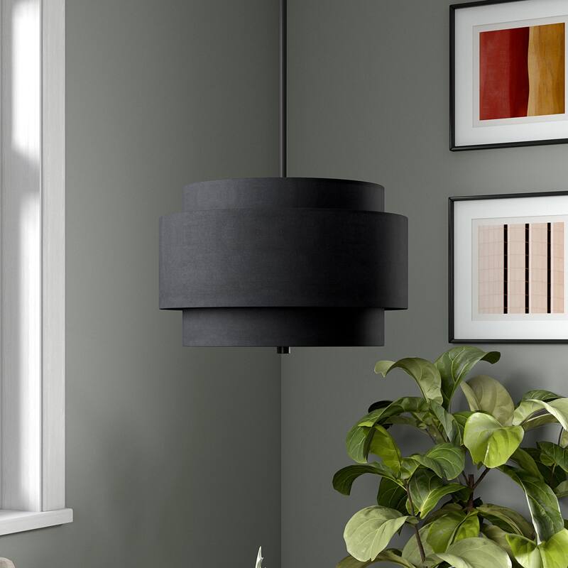 Solomon 16" Wide 2-Light Pendant with Tiered Fabric Shade - 16" Wide - Blackened Bronze/Black