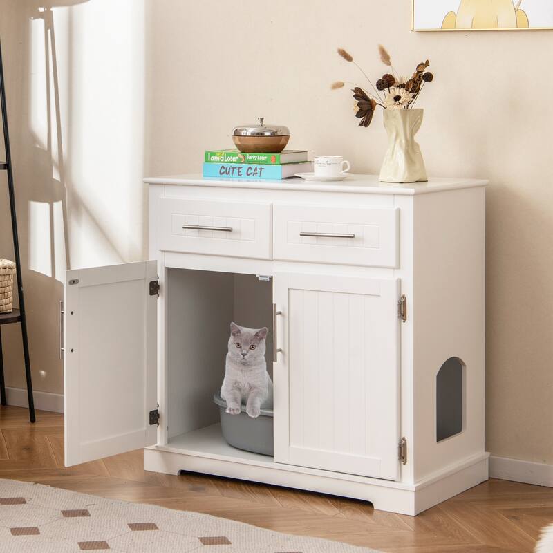 White MDF Cat Litter Box Enclosure with 2 Drawers, Side Entrance and Large Storage Countertop - 32" x 18" x 32" (L x W x H)