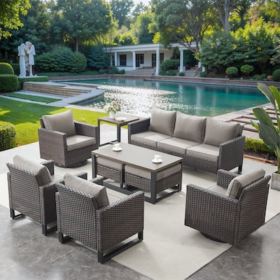 Gymojoy PE Wicker Sofa Rocking Chair Ottoman Set of 9