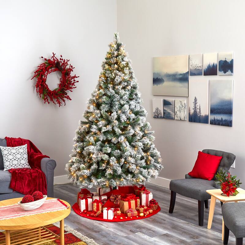 8ft Flocked Christmas Tree with Lights - Prelit Artificial Pine Holiday Decor - Green - 96