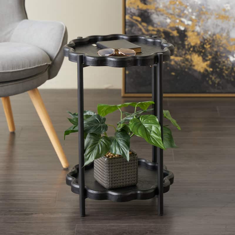 Wood Floral Inspired 2 Level Accent Table with Metal Legs - Black - Roche River Decor