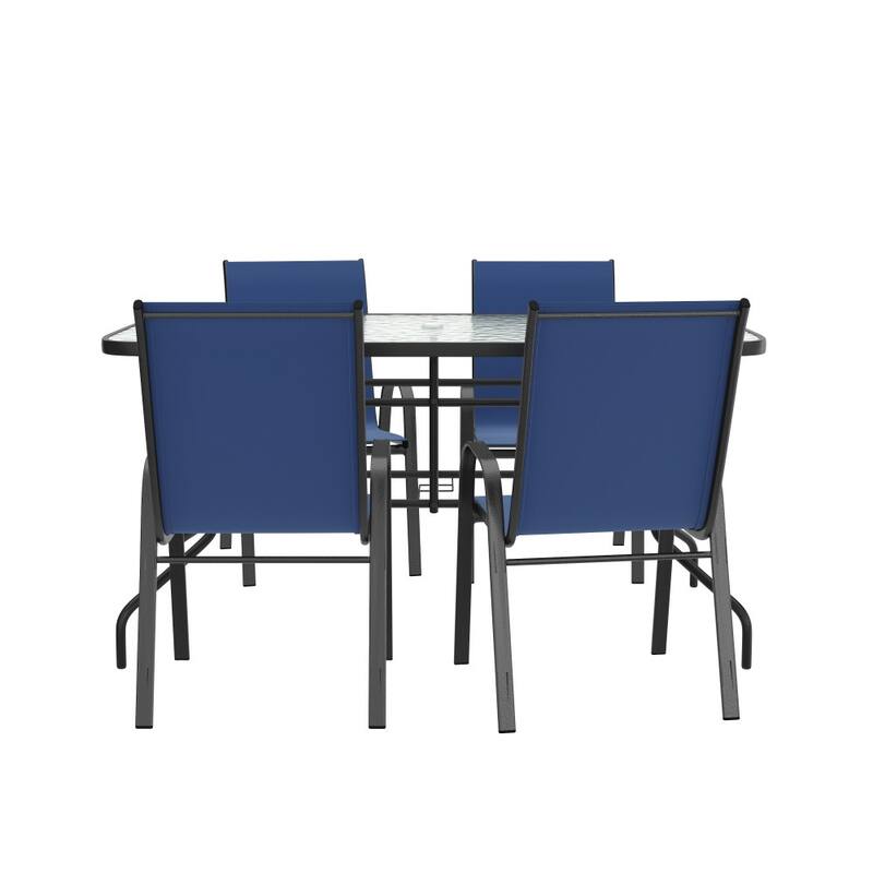 5 Piece Patio Dining Set - Glass Table, 4 Flex Stack Chairs