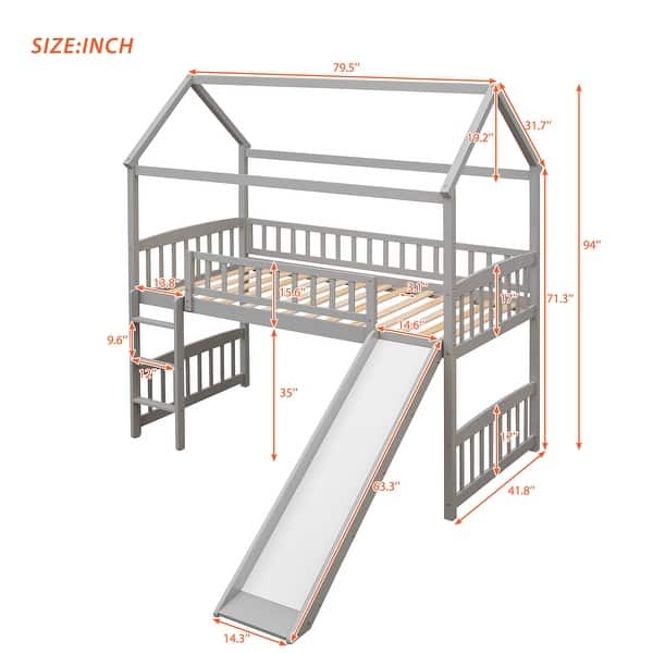 dimension image slide 2 of 3, Contemporary Design Twin Loft House Bed with Slide, Ladder and Safety Guaranteed, Sturdy Construction & Unique Design
