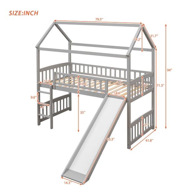 dimension image slide 1 of 3, Cottage Style Twin Size Wood Loft Bed with Slide,Playhouse Design Solid Pine Wood Bed,Maximized Space Saving