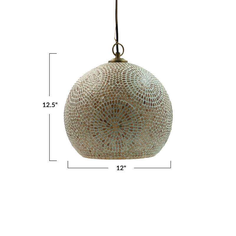 Glass Mosaic Pendant Lamp, 6' Cord, Antique Gold Finish and White - 12.0"L x 12.0"W x 12.5"H