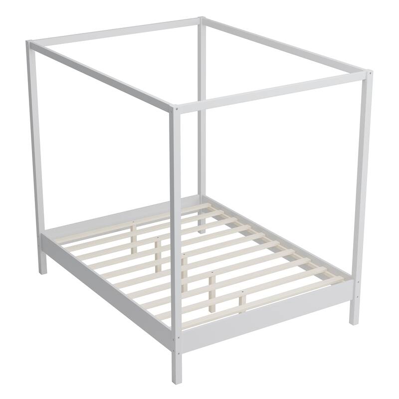 Solid Wood Canopy Bed Frame Four Poster Platform Bed with Slats Support