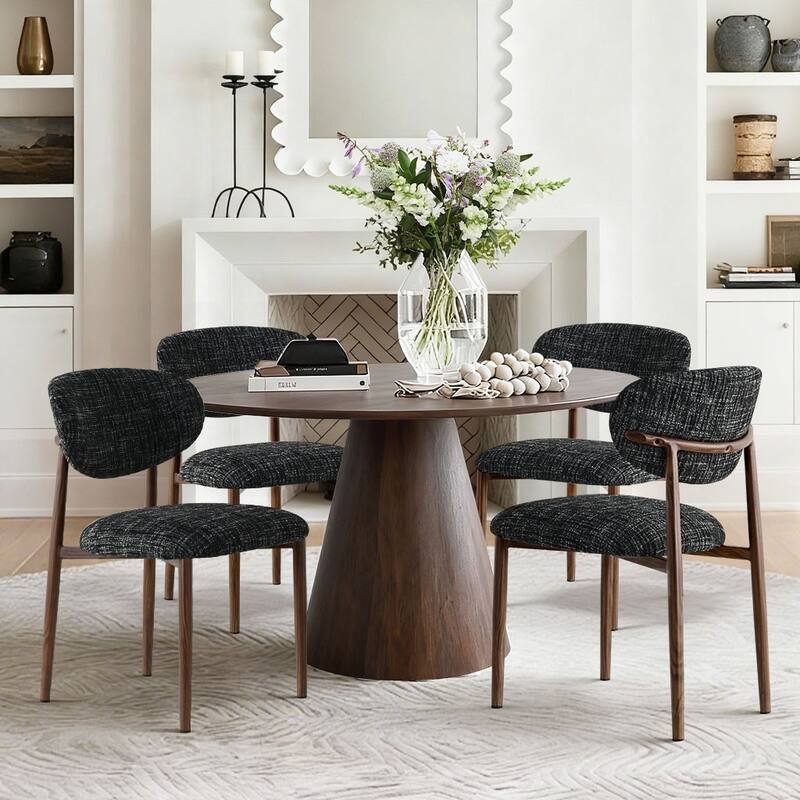 Set of 4 Mid‑Century Upholstered Dining Chairs with Wood‑Grain Metal Legs - Black