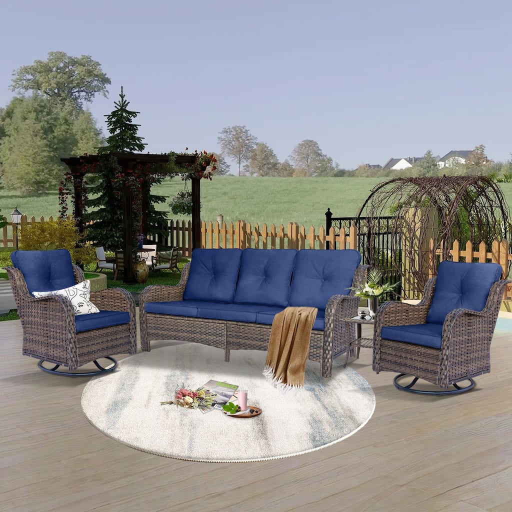 High Back 4-Piece Outdoor Wicker Patio Furniture Seating Sofa Set with Swivel Chairs
