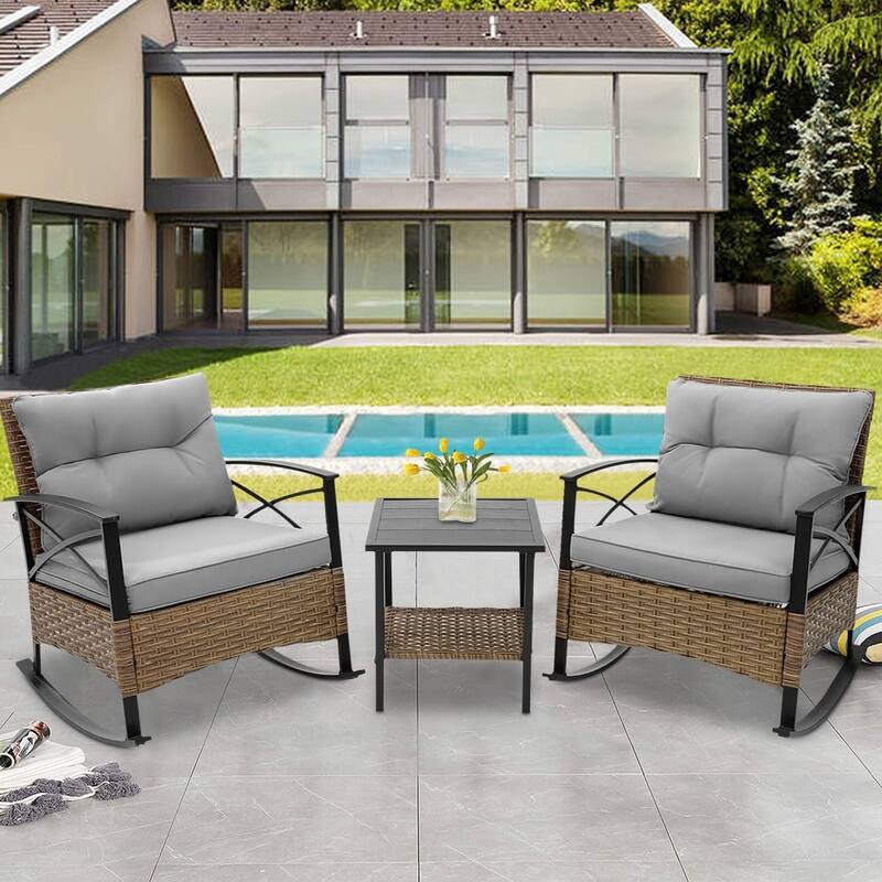3 Pieces Patio Rocking Rattan Set, Outdoor Bistro Set with Cushions - 1 Table,2 Rocking chairs - Grey