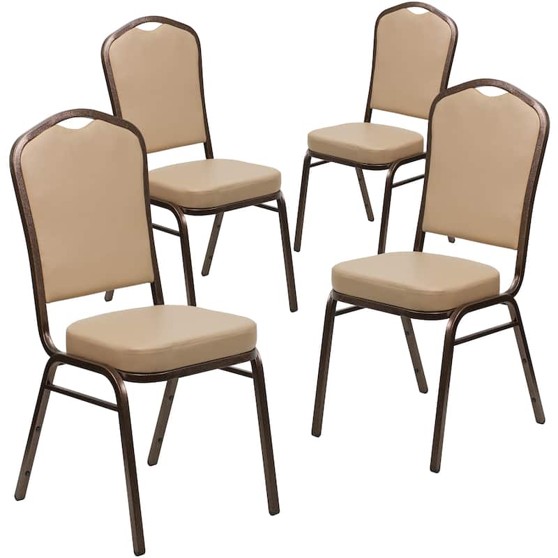 4 Pack Crown Back Stacking Banquet Chair - 20.25"D x 17.25"W x 38"H - Tan Vinyl/Copper Vein Frame