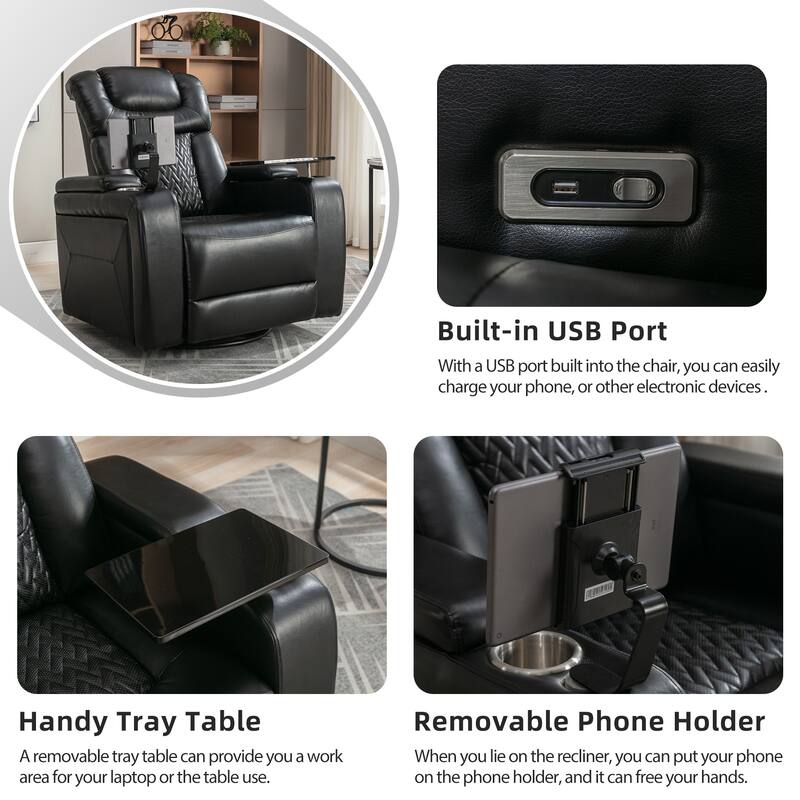 270° Swivel PU Leather Power Recliner with Phone Holder, Cup Holder, USB Port Home Theater Recliner for Living Room