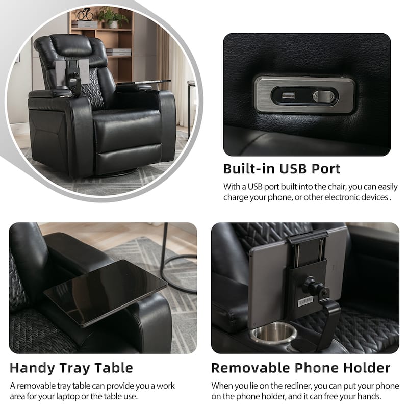 Degree Swivel PU Leather Power Recliner Individual Seat Home Theater Recliner with Tray Table,Cup Holder,Hidden Arm Storage
