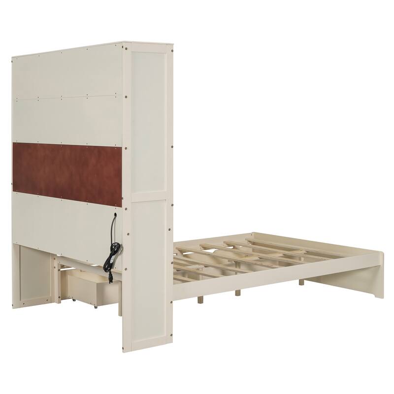 Full Size Wooden Platform Bed with Charging Station, Integrated Storage Headboard and 2 Drawers, No Box Spring Needed