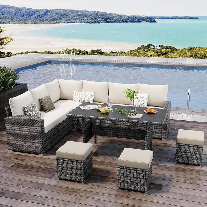 7-Piece Outdoor Patio Sectional Sofa Set with Dining Table – All-Weather PE Wicker Conversation Set - Beige