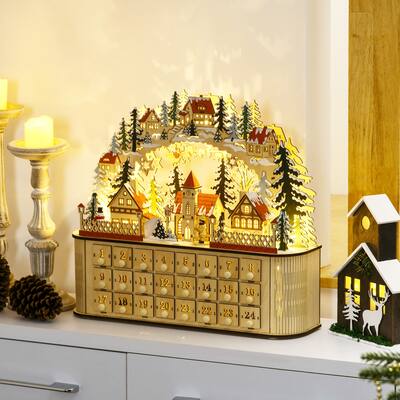 HOMCOM Wooden Christmas Advent Calendar, Light Up Table Holiday Decoration with 24 Countdown Drawers Natural