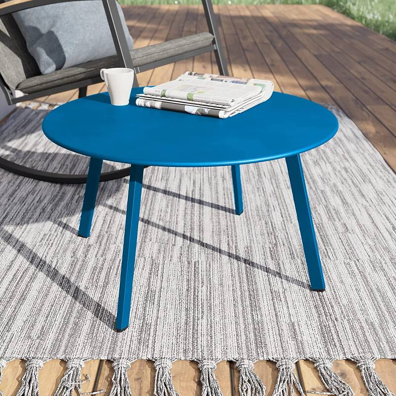 Patio Round Steel Patio Coffee Table, Weather Resistant Outdoor Large Side Table - Blue