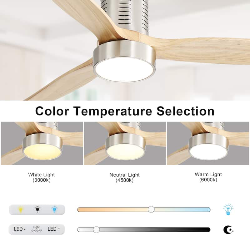 52 Inch Flush Mount Wood Blades White Ceiling Fan Reverse Airflow,6 Wind Speed,Remote Control