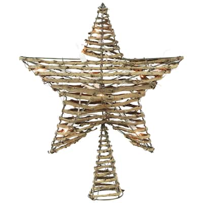 11" Rattan Twigs Star Christmas Tree Topper- Clear Lights White Wire