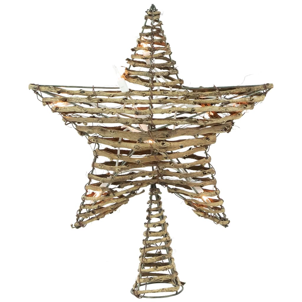 11" Rattan Twigs Star Christmas Tree Topper- Clear Lights White Wire
