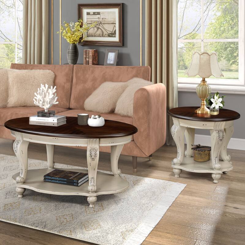 42" Oval Wood Coffee Table for Living Room,2-Tier Solid Wood Cocktail Table with Open Storage Shelf, Easy Assembly