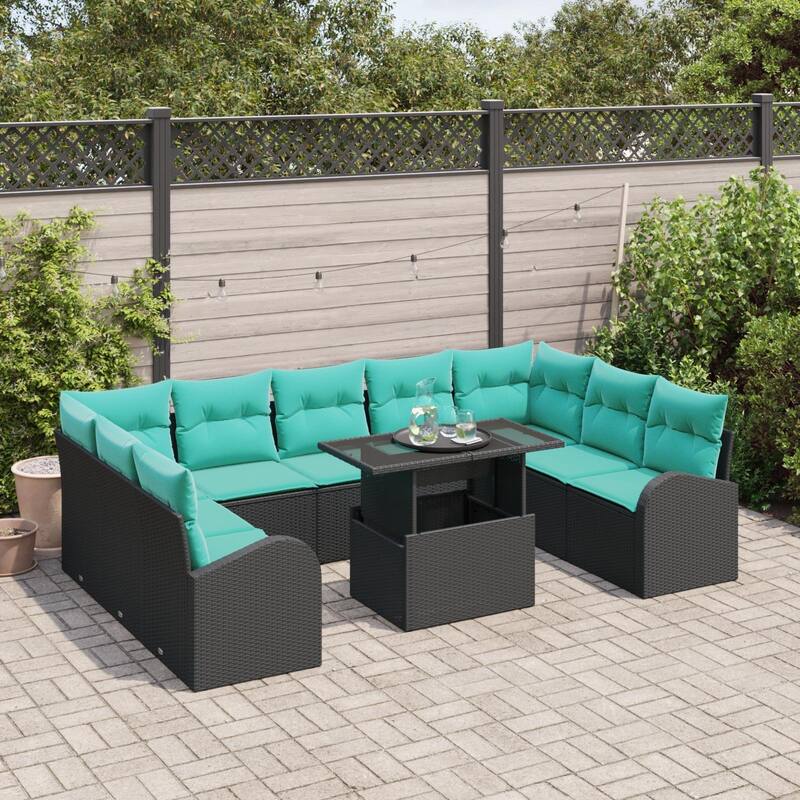 vidaXL 10 Garden Sofa Set with Cushions Black/Brown/Grey Poly Rattan - 113.8 x 70.5 x 27.2