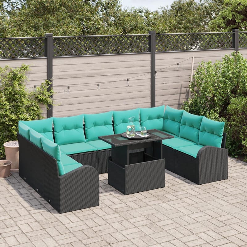 vidaXL 10 Piece Garden Sofa Set with Cushions Black Poly Rattan - 113.8×70.5×27.2