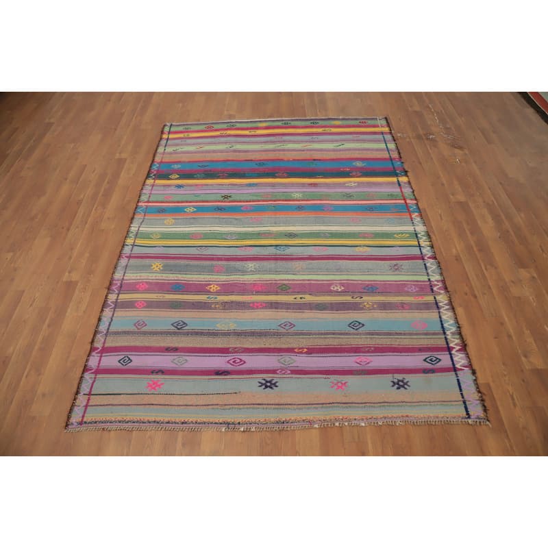 Hand Woven Oriental 100% Wool Carpet Southwestern Tribal Multi-Colored Kilim Area Rug - 6' 10'' X 5' 2''