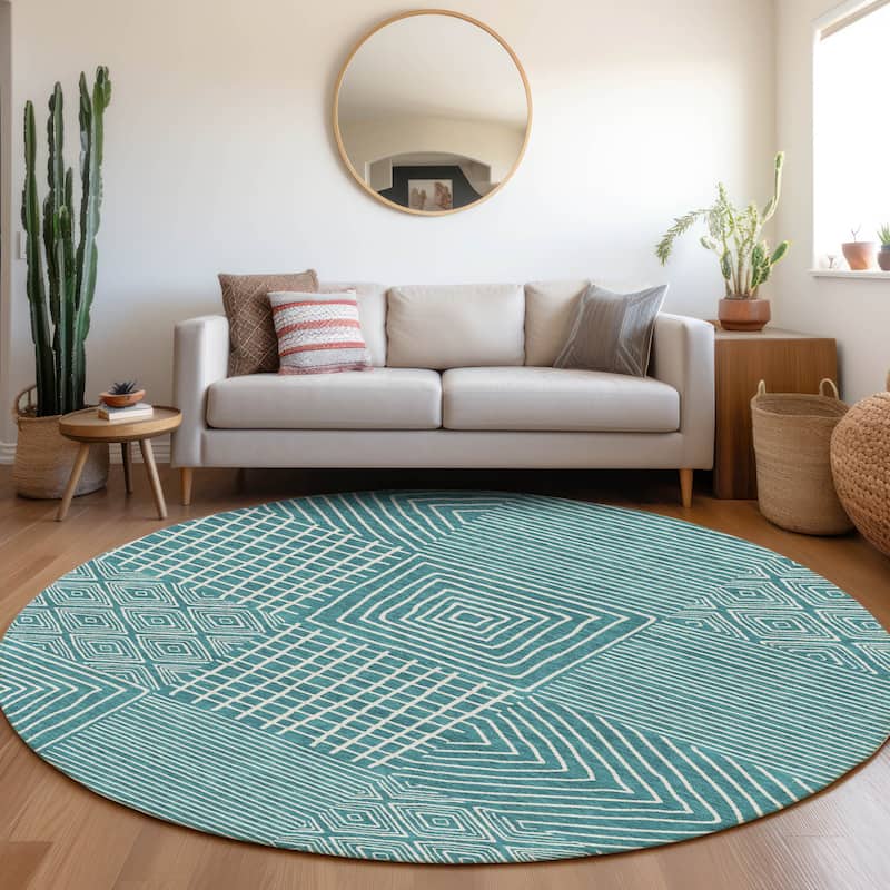 Machine Washable Indoor/ Outdoor Modern Mosaic Chantille Rug - Teal - 8' x 8'