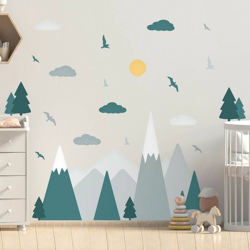 Walplus Green Grey Mountains Landscape Clouds Birds Children Wall Stickers