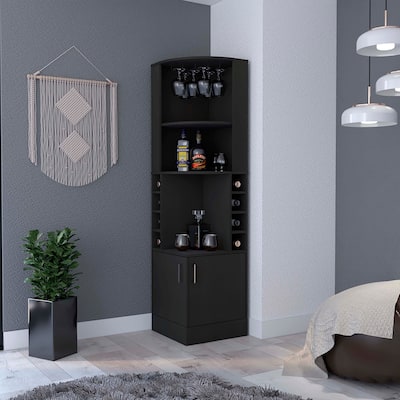 FM Furniture Delhi Corner Bar Cabinet with Eight Wine Cubbies, Glass Rack, and 2-Door Cabinet - N/A