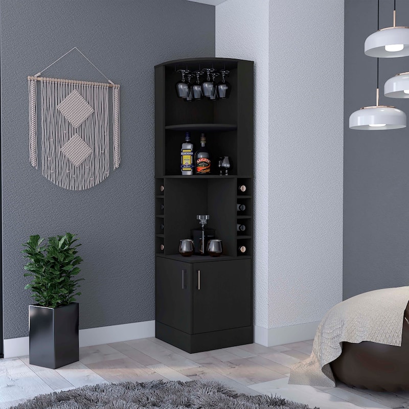 FM Furniture Delhi Corner Bar Cabinet with Eight Wine Cubbies, Glass Rack, and 2-Door Cabinet - N/A - MDF - Black