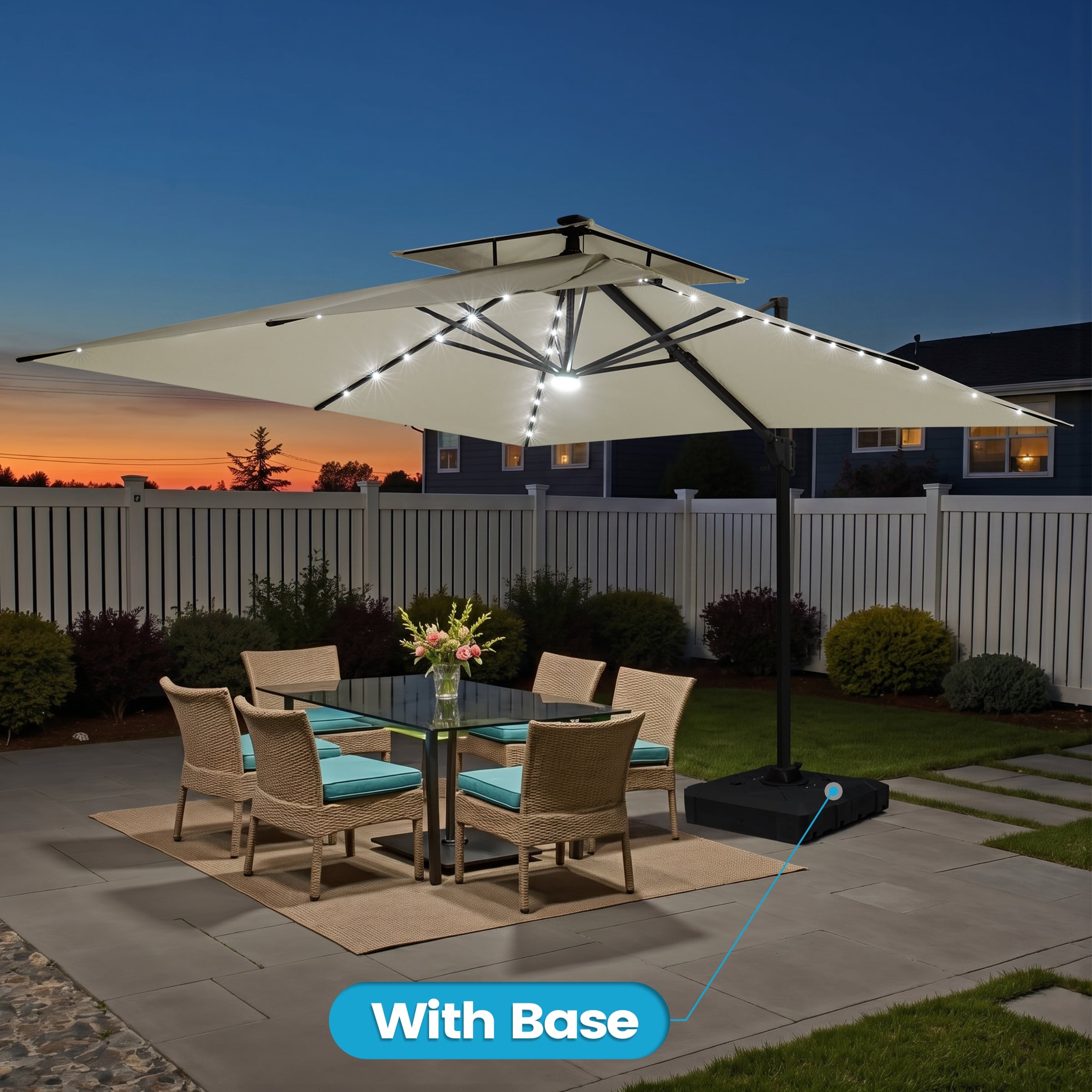 11' x 11' Outdoor Patio Cantilever Umbrella with LED Lights Double Vented Umbrella with Base