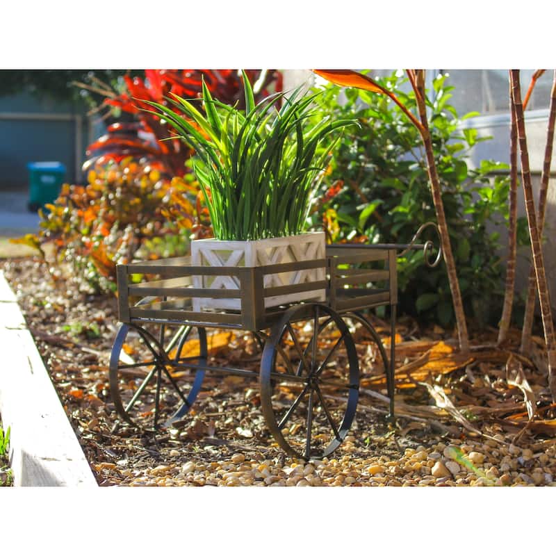 Zeckos 26 Inch Brown Metal Wagon Cart Plant Stand Indoor/ Outdoor - 14.75 X 25.5 X 14.25 inches