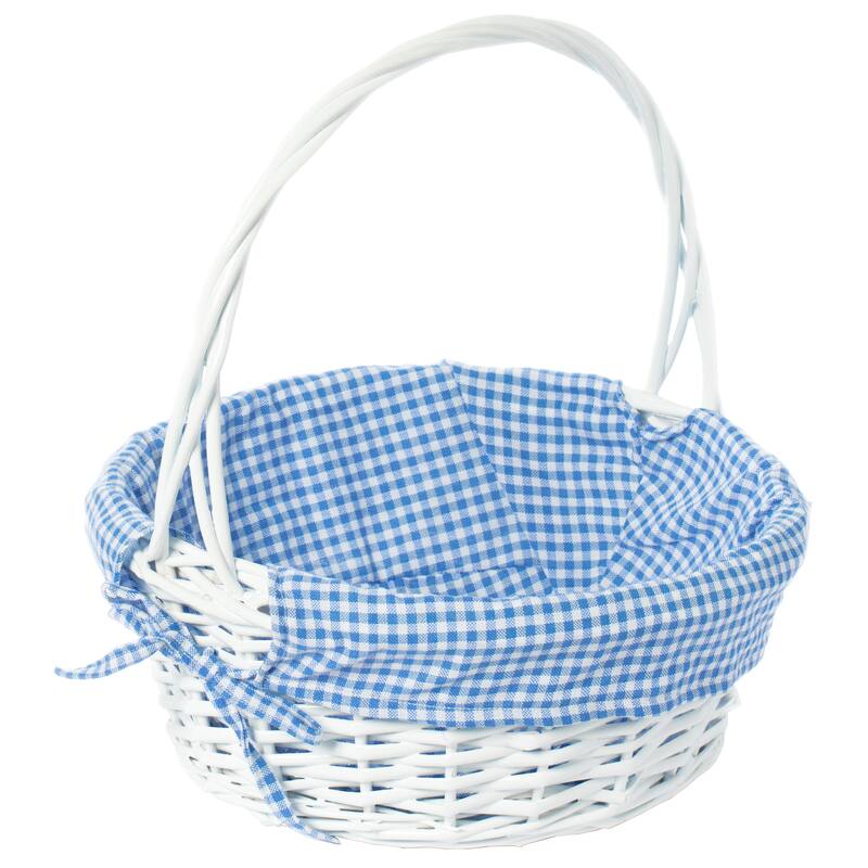 White Round Willow Gift Basket, with Gingham Liner and Handle - Medium - Blue